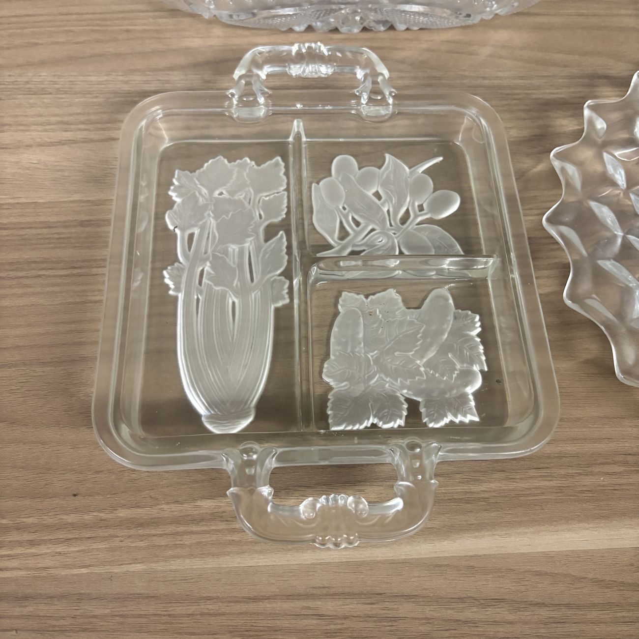 Set of 9 Vintage Clear Pressed Glass Serving Pieces Including Fostoria American and Whirling Star Patterns