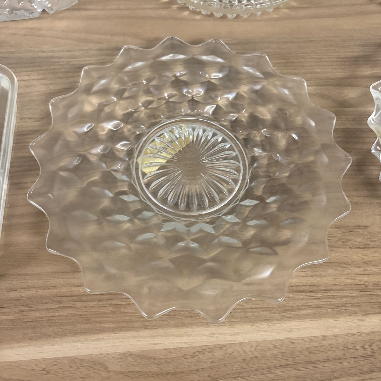 Set of 9 Vintage Clear Pressed Glass Serving Pieces Including Fostoria American and Whirling Star Patterns
