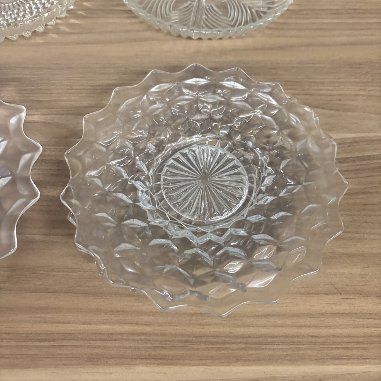 Set of 9 Vintage Clear Pressed Glass Serving Pieces Including Fostoria American and Whirling Star Patterns