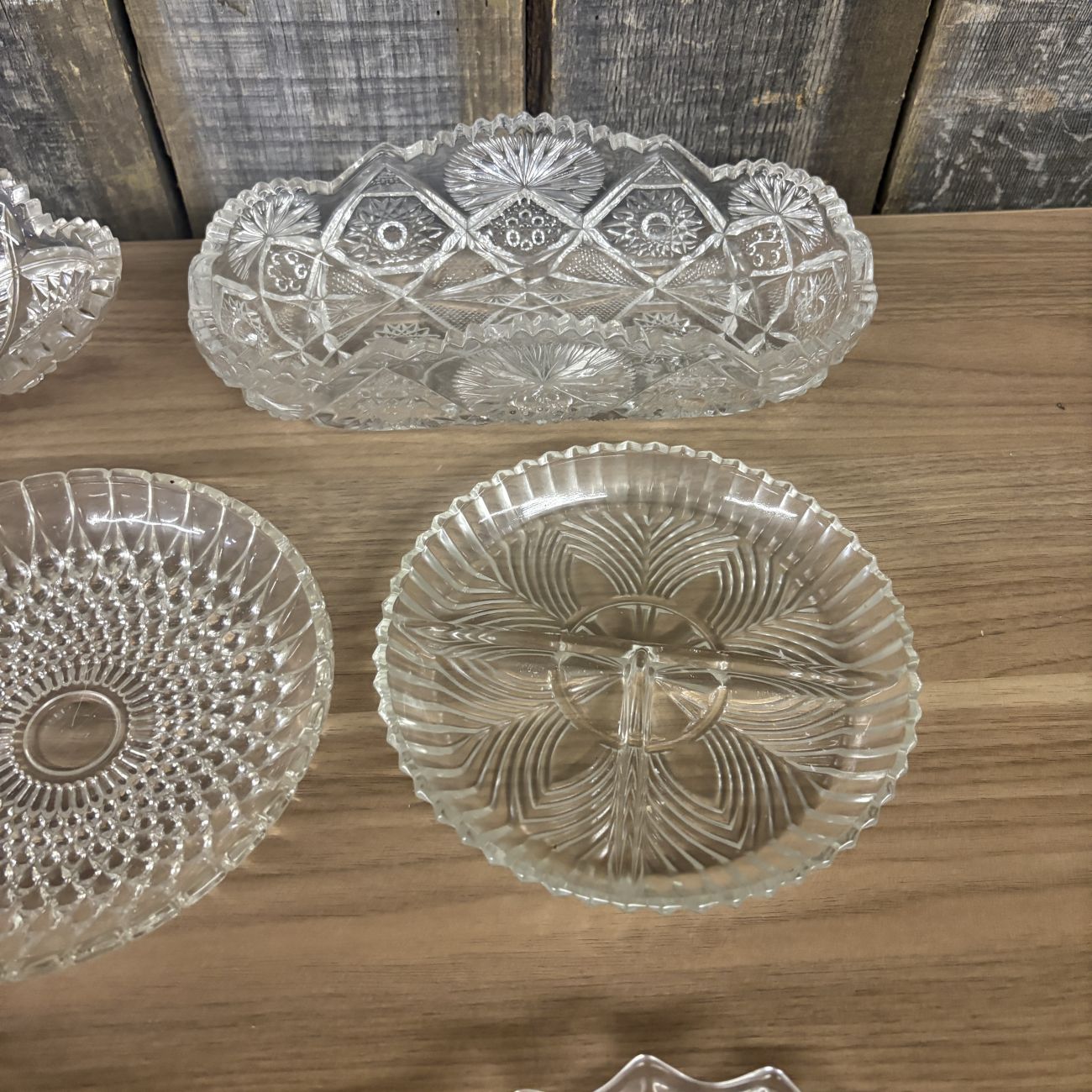 Set of 9 Vintage Clear Pressed Glass Serving Pieces Including Fostoria American and Whirling Star Patterns