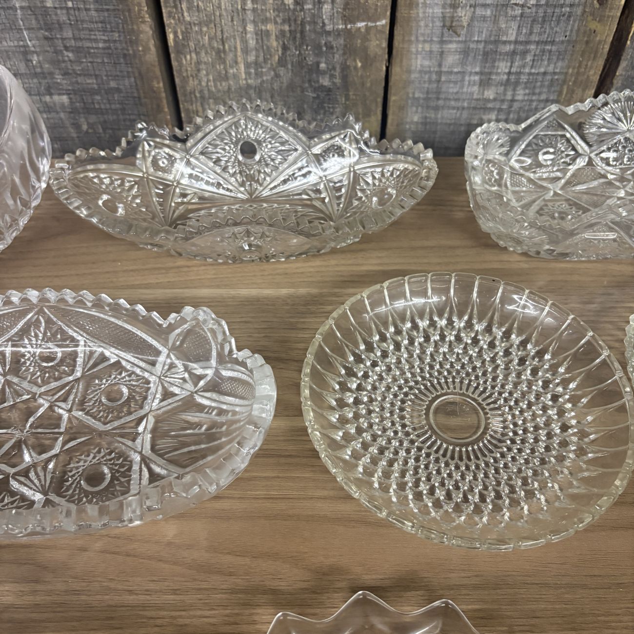 Set of 9 Vintage Clear Pressed Glass Serving Pieces Including Fostoria American and Whirling Star Patterns