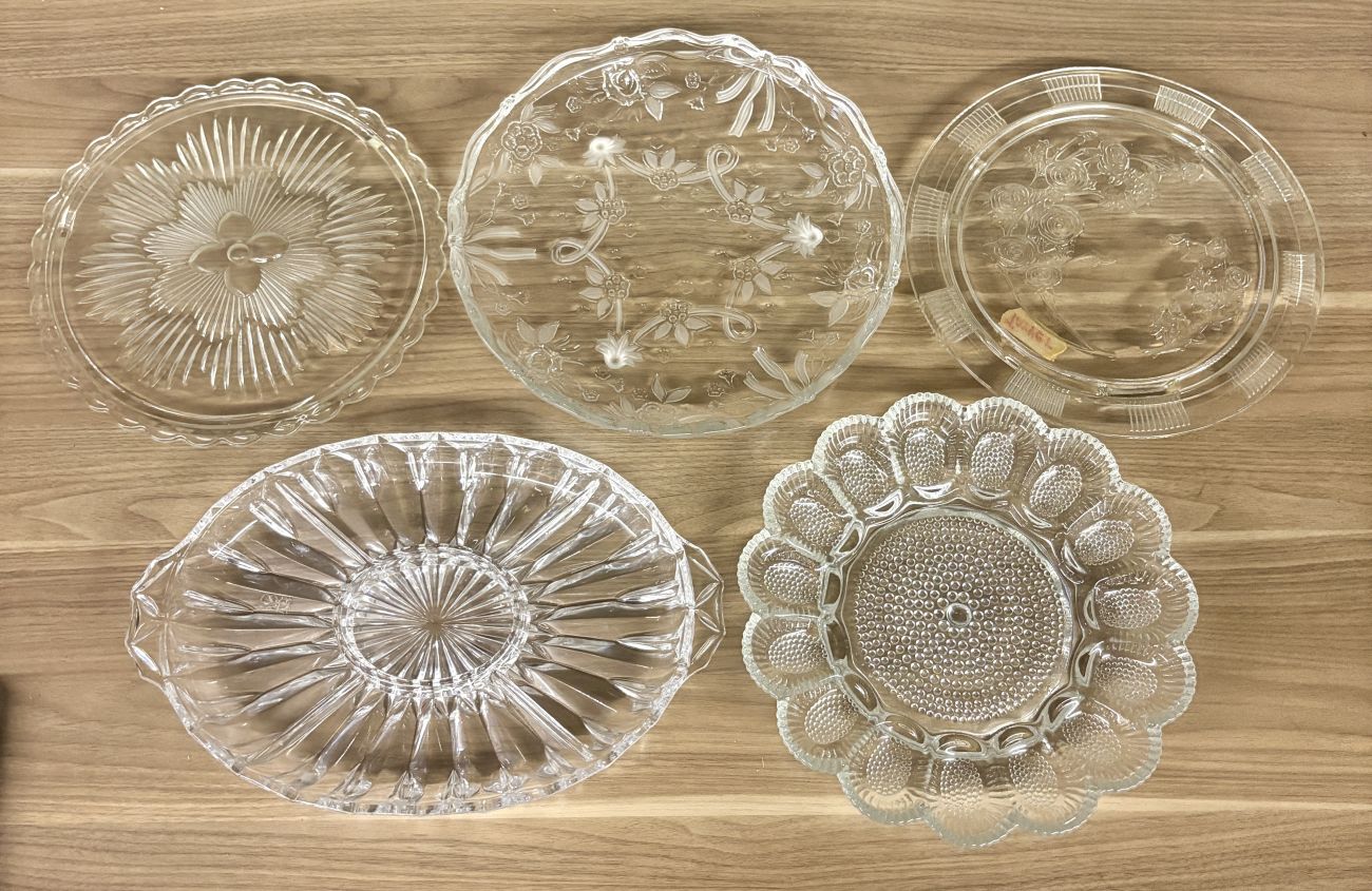 An Assortment of Five Vintage Clear Pressed and Frosted Glass Serving Platters including Indiana Glass