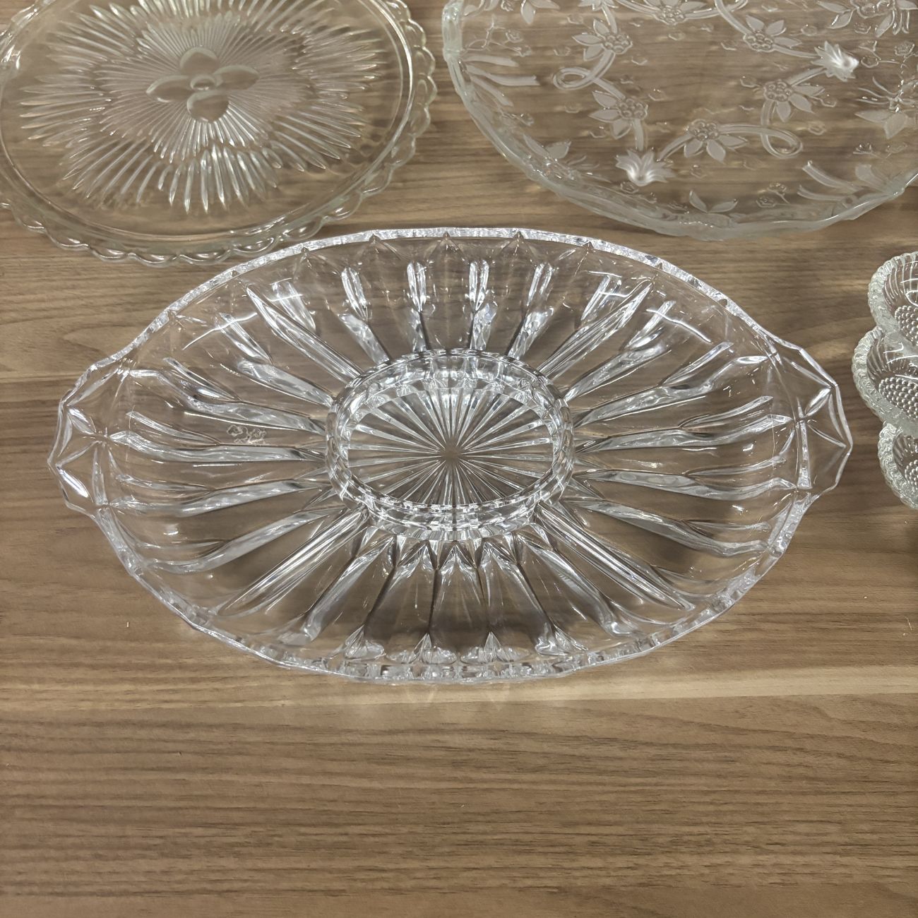 An Assortment of Five Vintage Clear Pressed and Frosted Glass Serving Platters including Indiana Glass