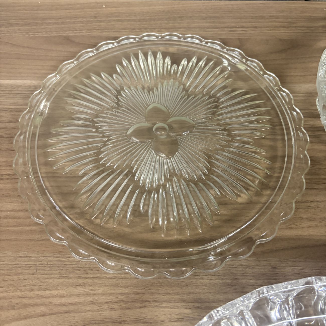 An Assortment of Five Vintage Clear Pressed and Frosted Glass Serving Platters including Indiana Glass