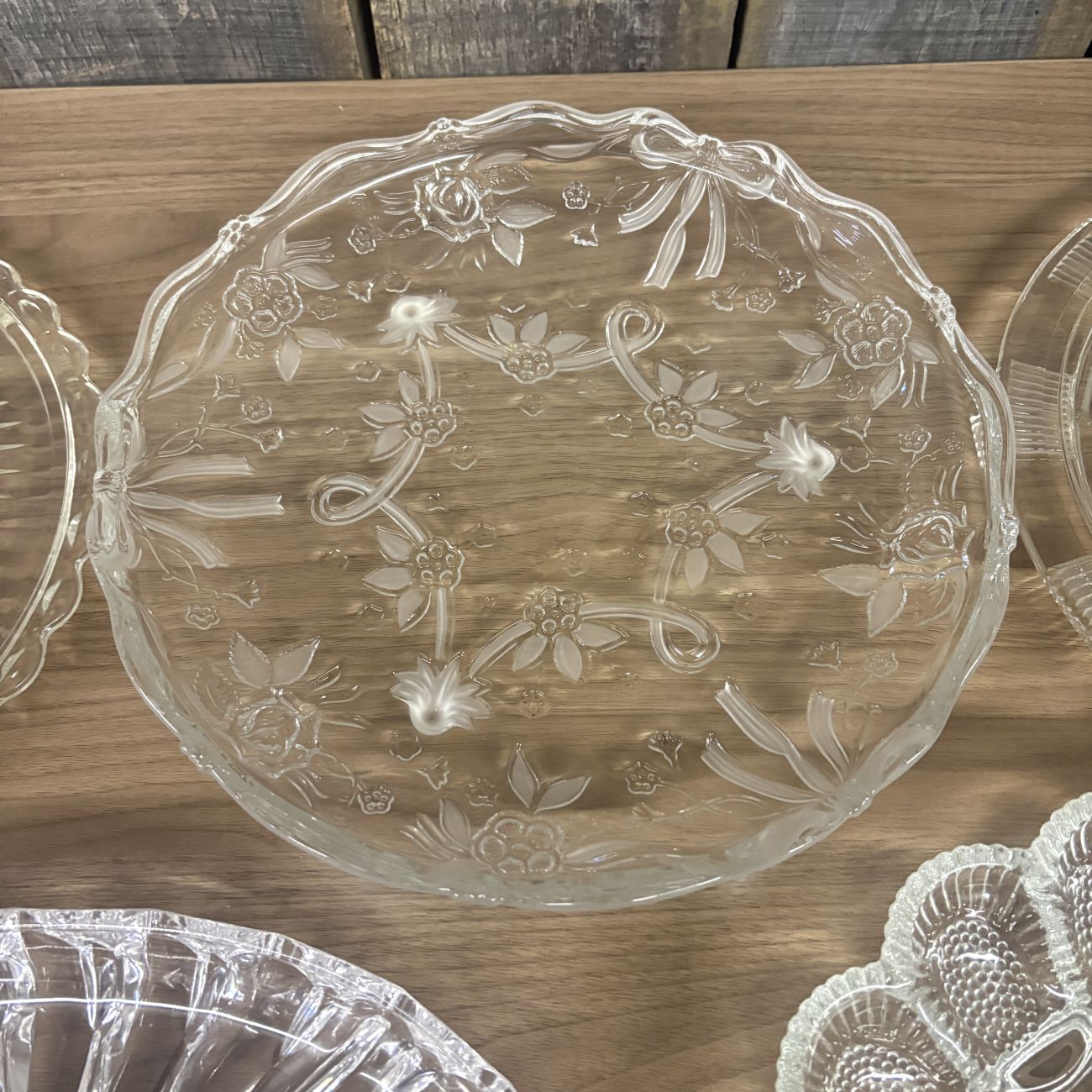 An Assortment of Five Vintage Clear Pressed and Frosted Glass Serving Platters including Indiana Glass