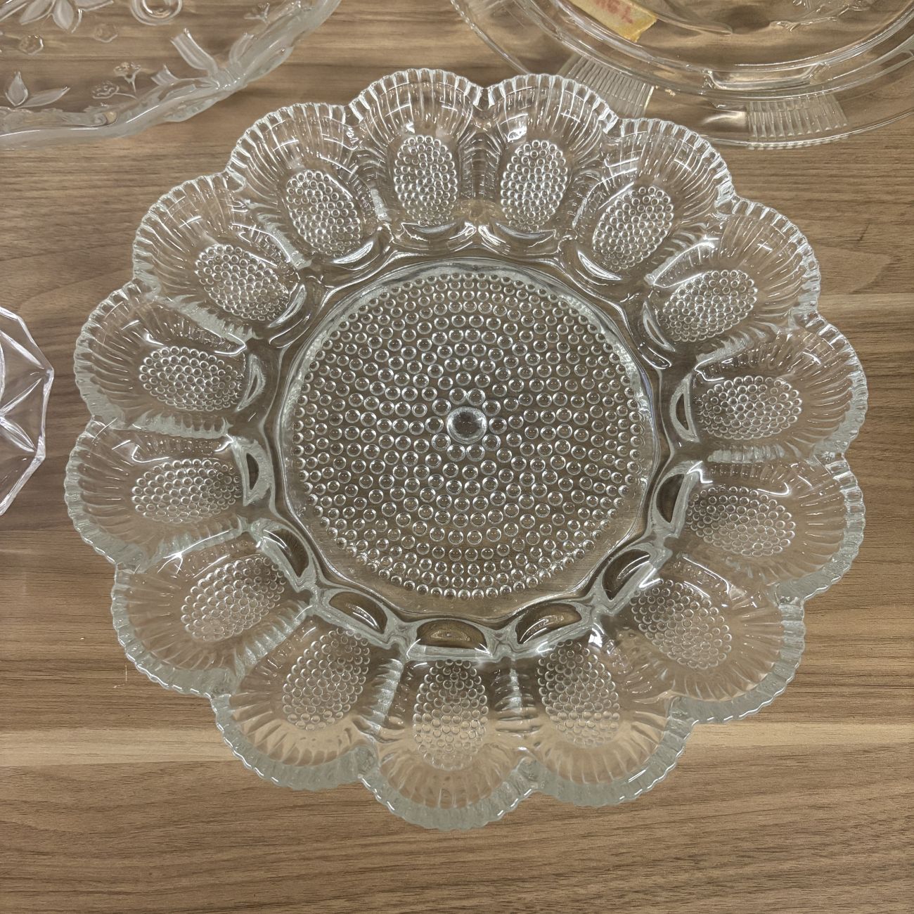 An Assortment of Five Vintage Clear Pressed and Frosted Glass Serving Platters including Indiana Glass
