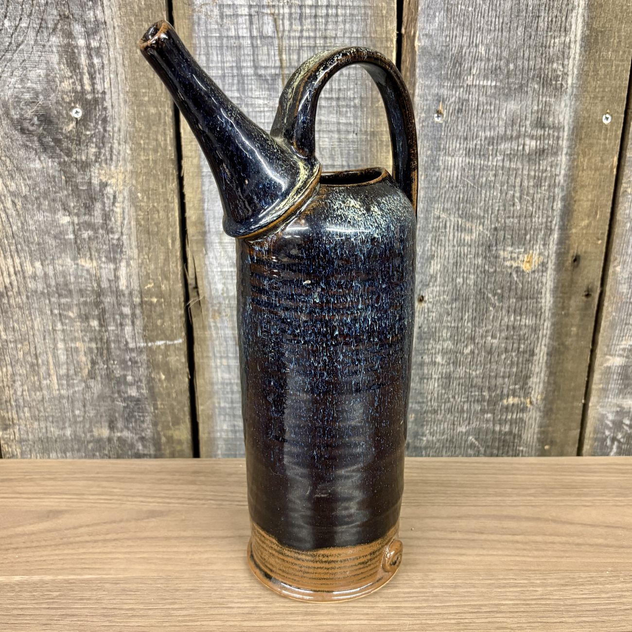 Studio Pottery Tall Cylindrical Pitcher with Reactive Blue Glaze