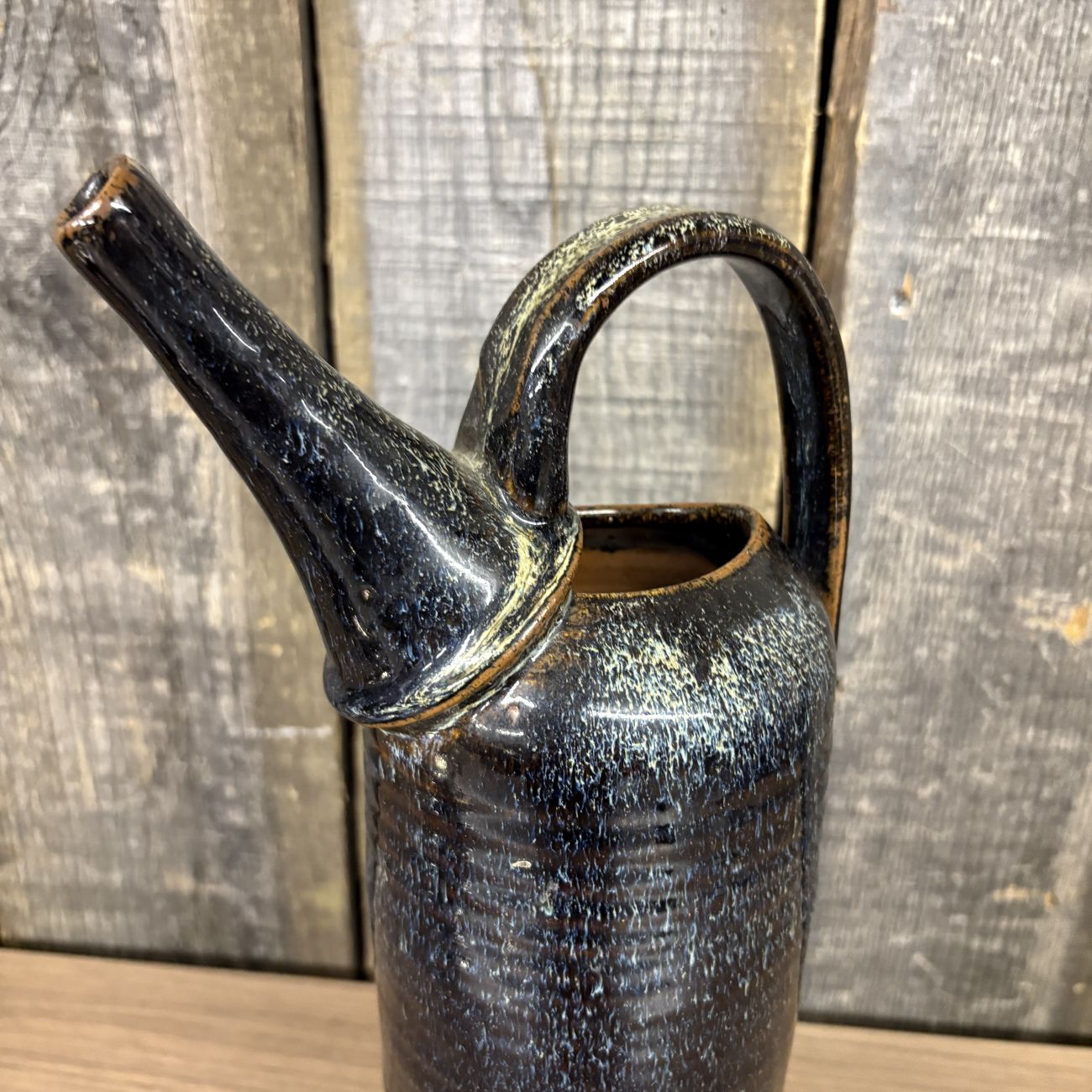 Studio Pottery Tall Cylindrical Pitcher with Reactive Blue Glaze