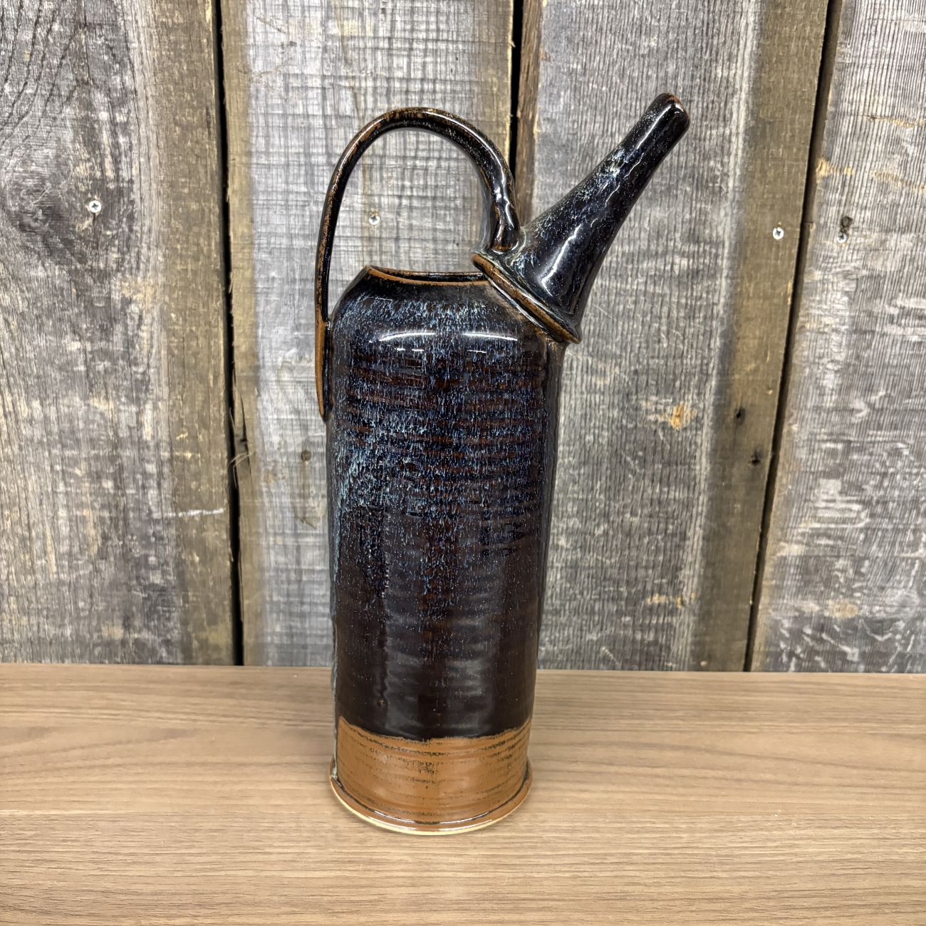 Studio Pottery Tall Cylindrical Pitcher with Reactive Blue Glaze