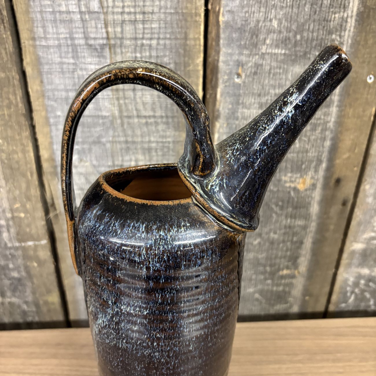 Studio Pottery Tall Cylindrical Pitcher with Reactive Blue Glaze