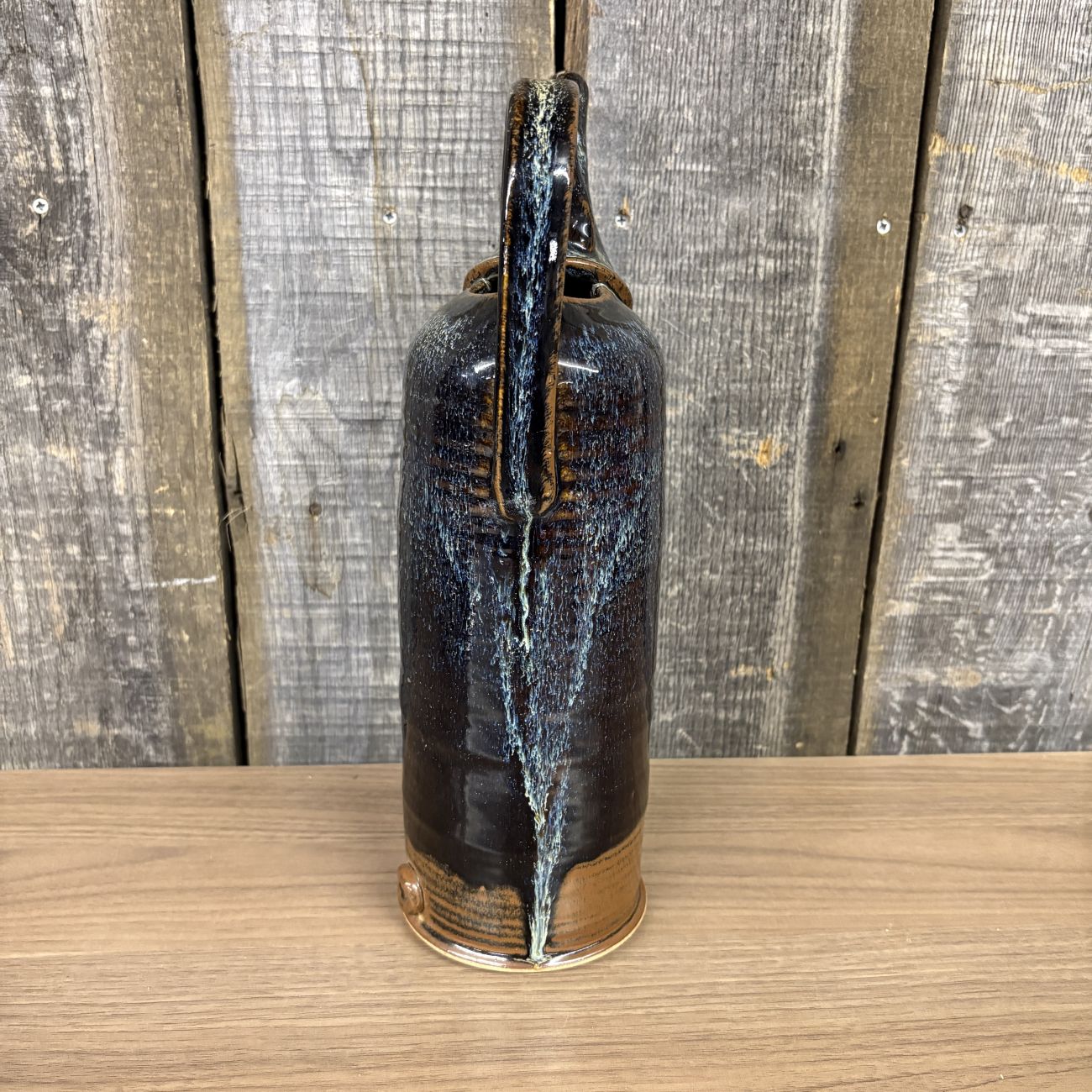 Studio Pottery Tall Cylindrical Pitcher with Reactive Blue Glaze