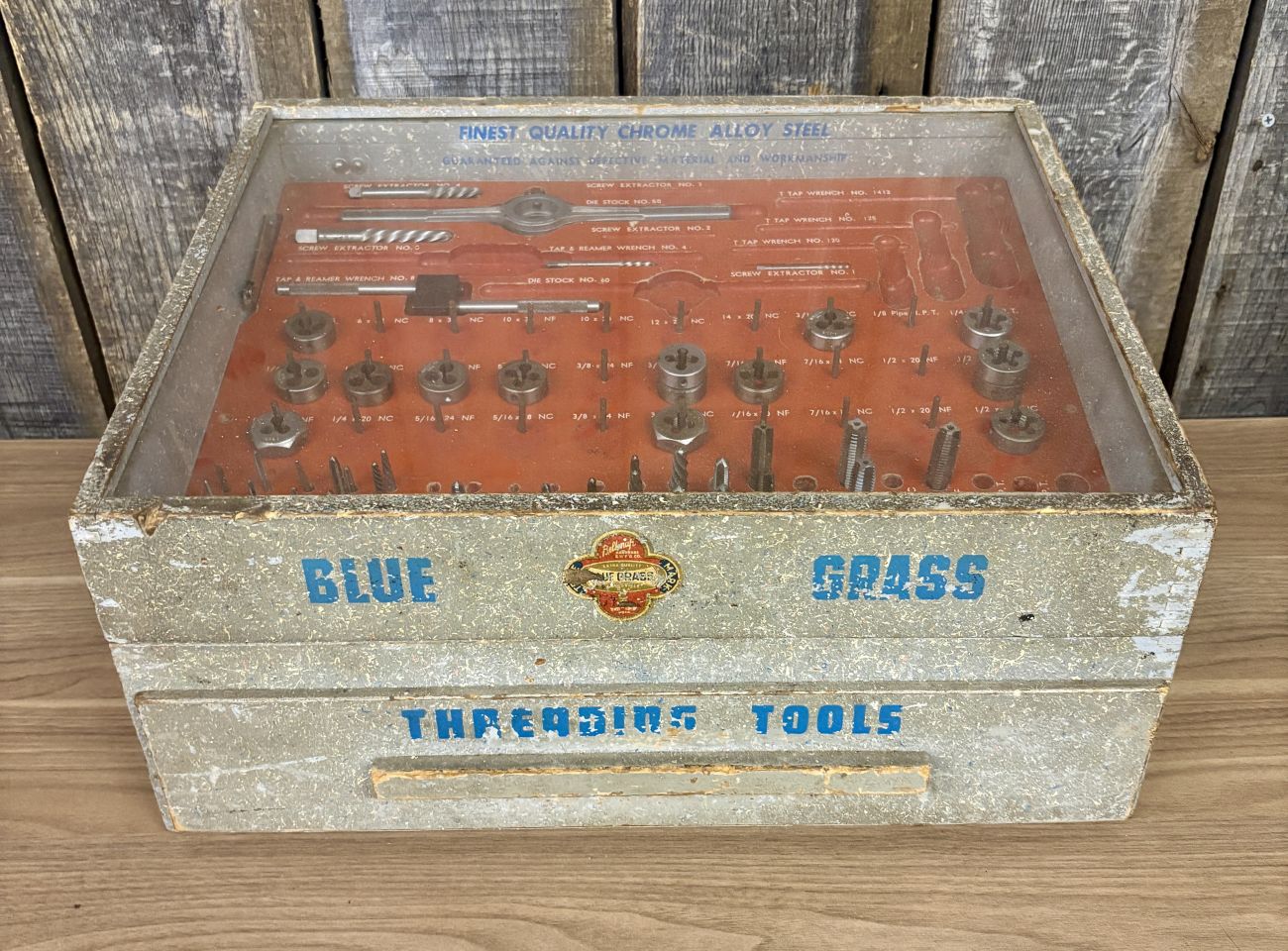 Vintage Belknap Blue Grass Tap and Die Threading Tool Set in a Wooden Display Chest