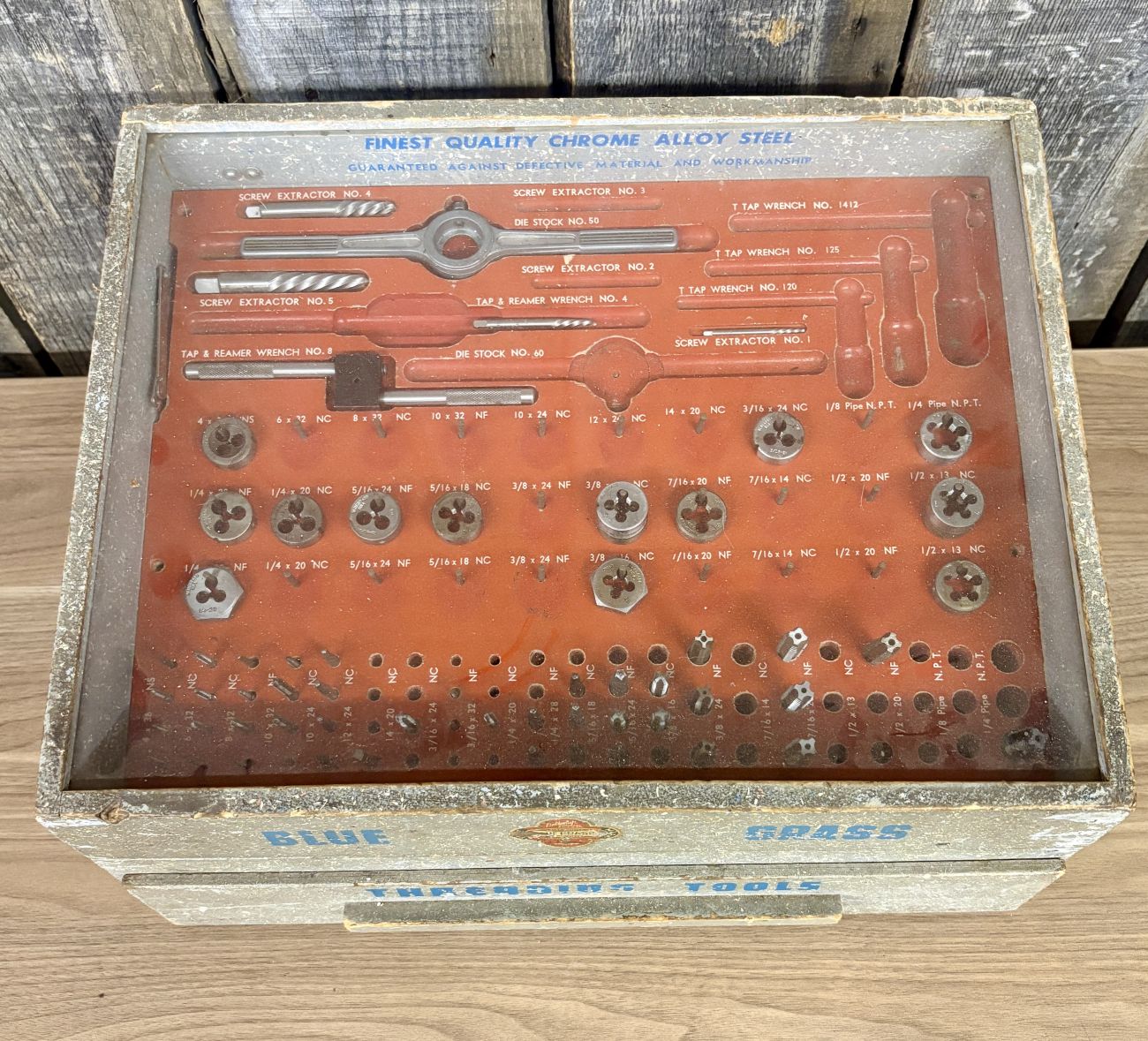 Vintage Belknap Blue Grass Tap and Die Threading Tool Set in a Wooden Display Chest