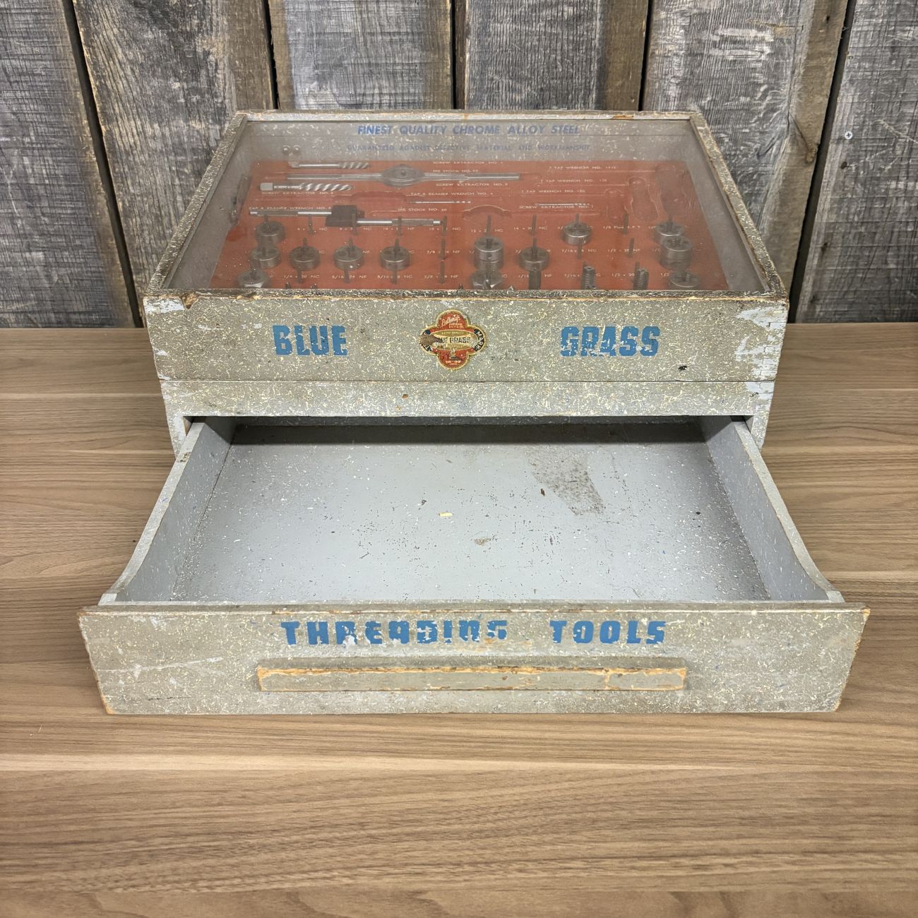 Vintage Belknap Blue Grass Tap and Die Threading Tool Set in a Wooden Display Chest