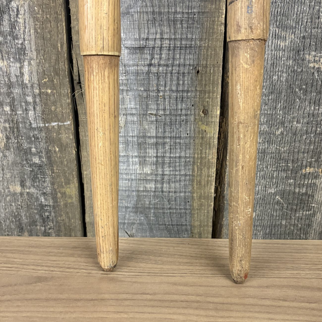A Pair of Vintage Belknap Blue Grass and Shapleigh Blue Ribbon D-Handle Tool Shafts