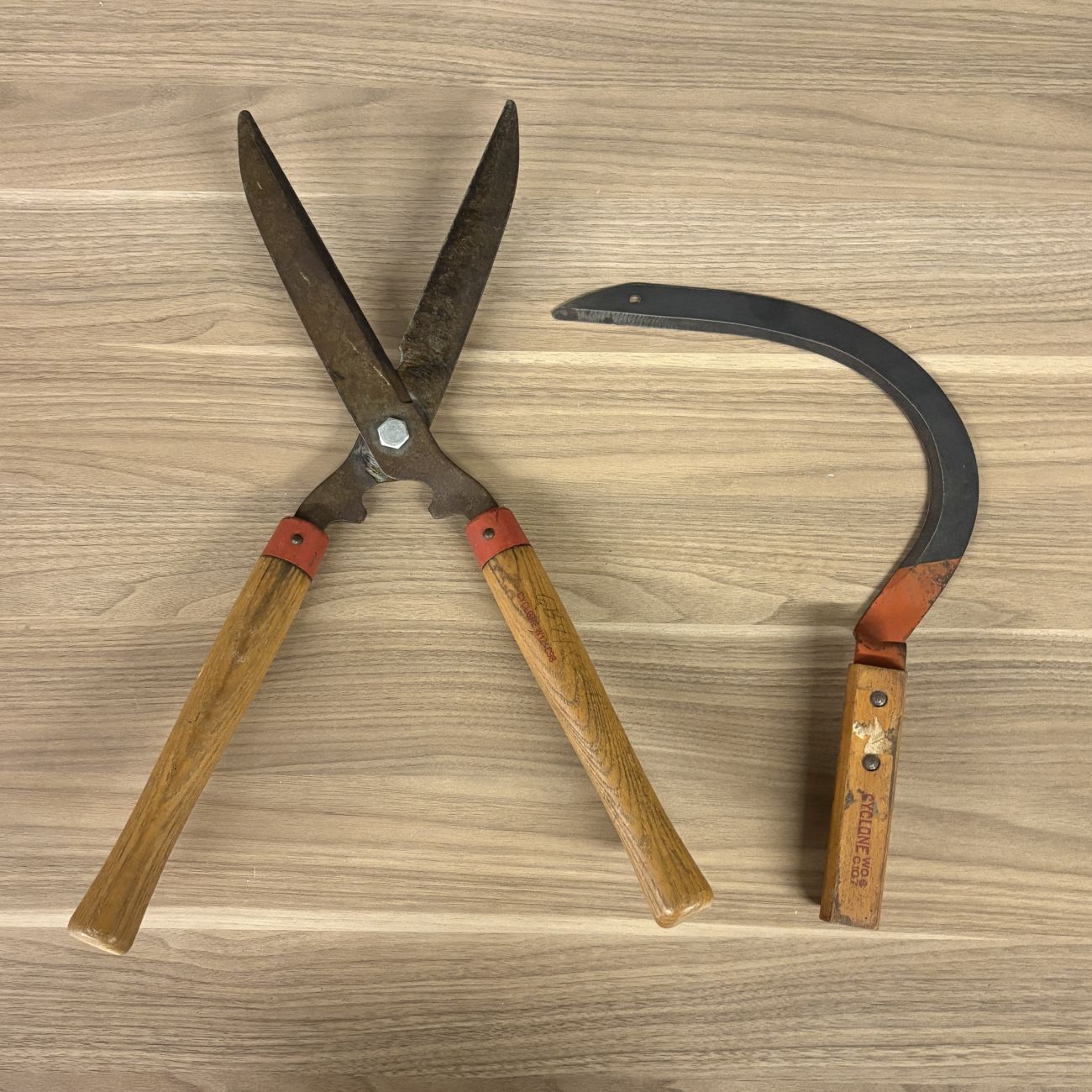 Two Vintage Cyclone Garden Tools Including Hedge Shears and Grass Sickle