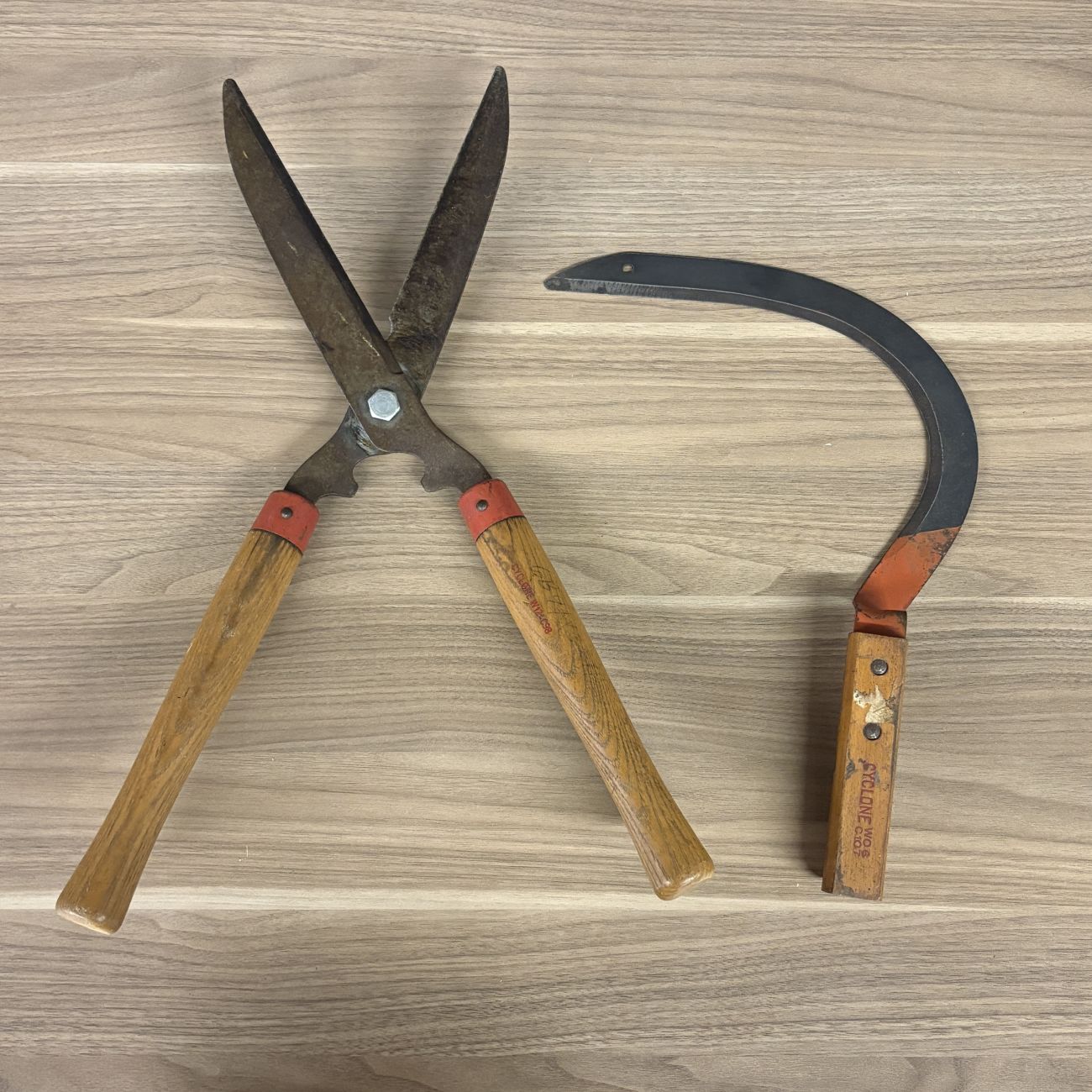 Two Vintage Cyclone Garden Tools Including Hedge Shears and Grass Sickle