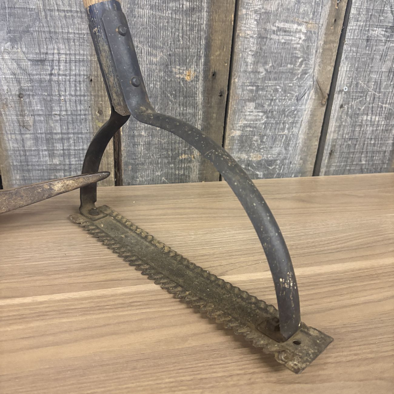 Two Vintage Blue Grass Belknap Hardware Agricultural Tools Including a Pickaxe and a Weed Cutter