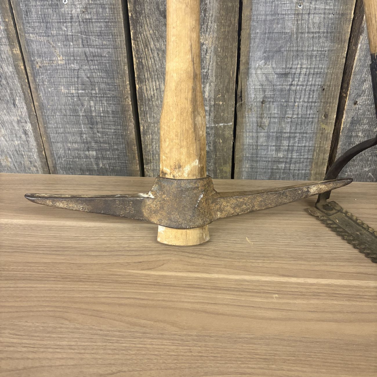 Two Vintage Blue Grass Belknap Hardware Agricultural Tools Including a Pickaxe and a Weed Cutter