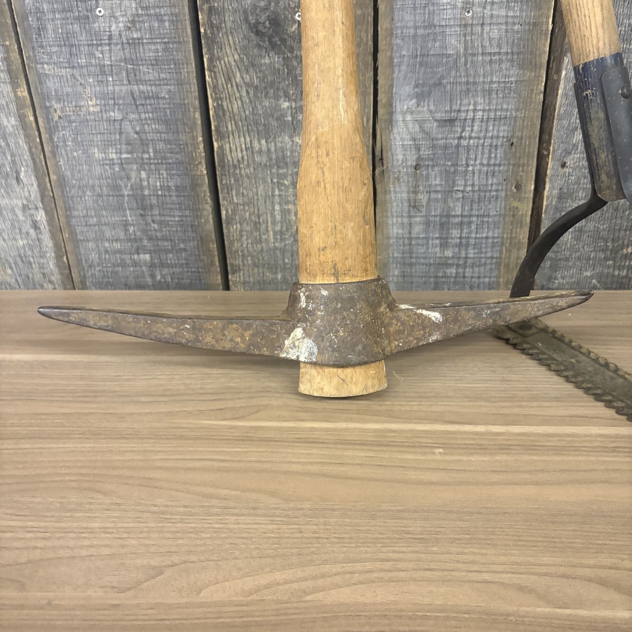 Two Vintage Blue Grass Belknap Hardware Agricultural Tools Including a Pickaxe and a Weed Cutter