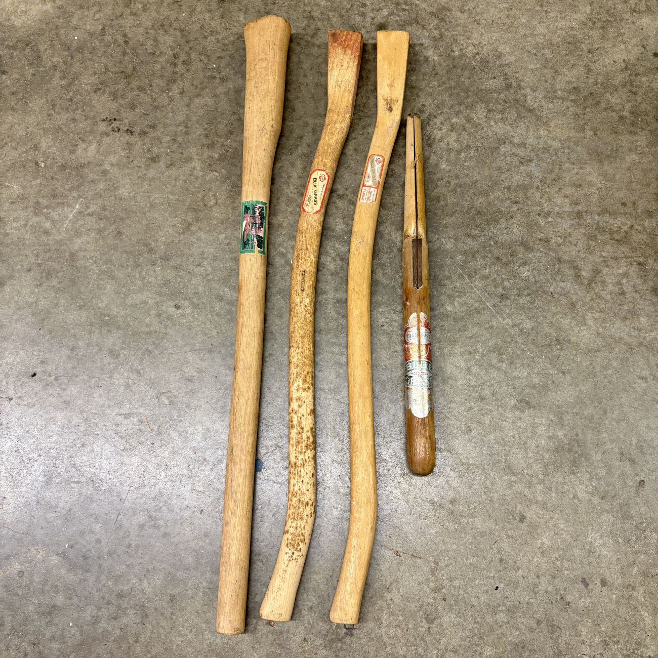 Four Vintage Belknap Blue Grass and Old Kentucky Home Hickory Replacement Tool Handles