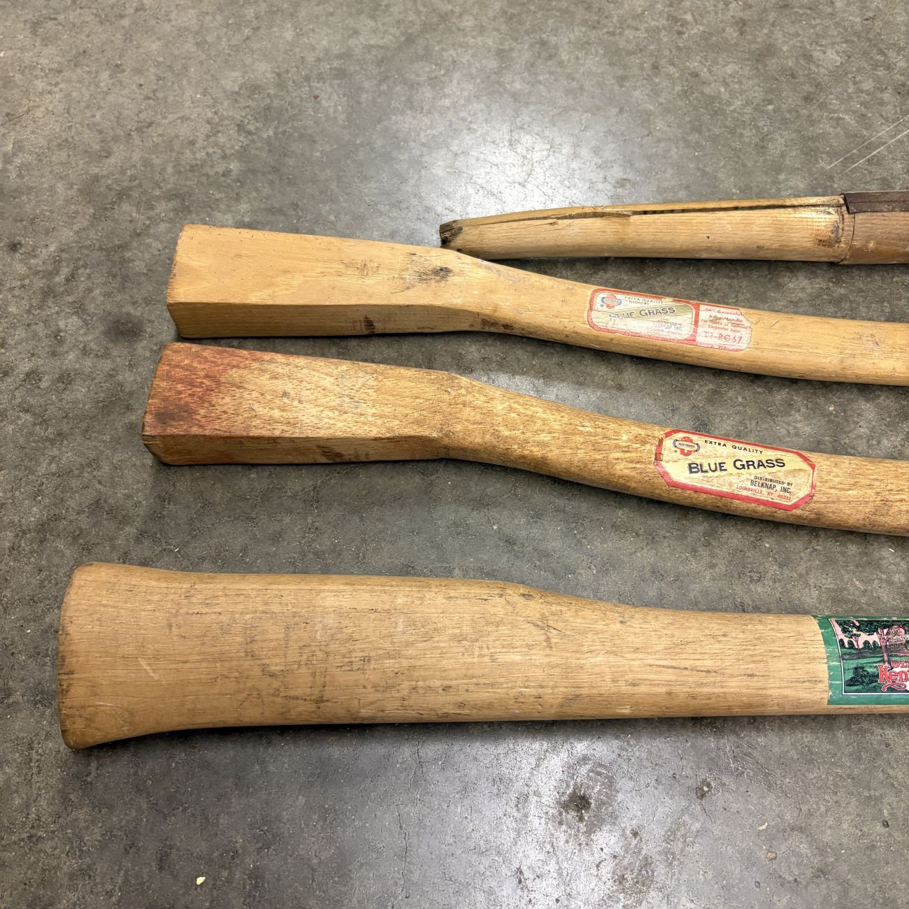 Four Vintage Belknap Blue Grass and Old Kentucky Home Hickory Replacement Tool Handles
