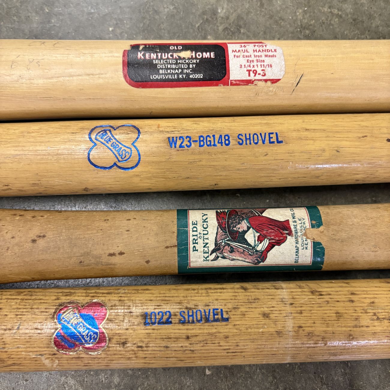 A Group of Four Vintage Belknap and Blue Grass Wooden Replacement Tool Handles