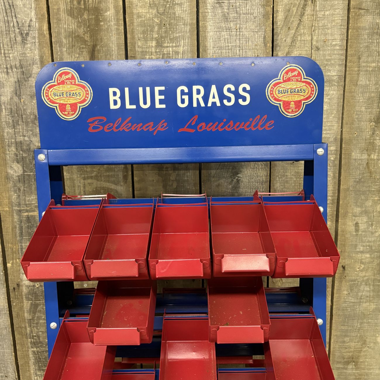 Belknap Blue Grass Vintage Double Sided Rolling Metal Hardware Store Display Rack