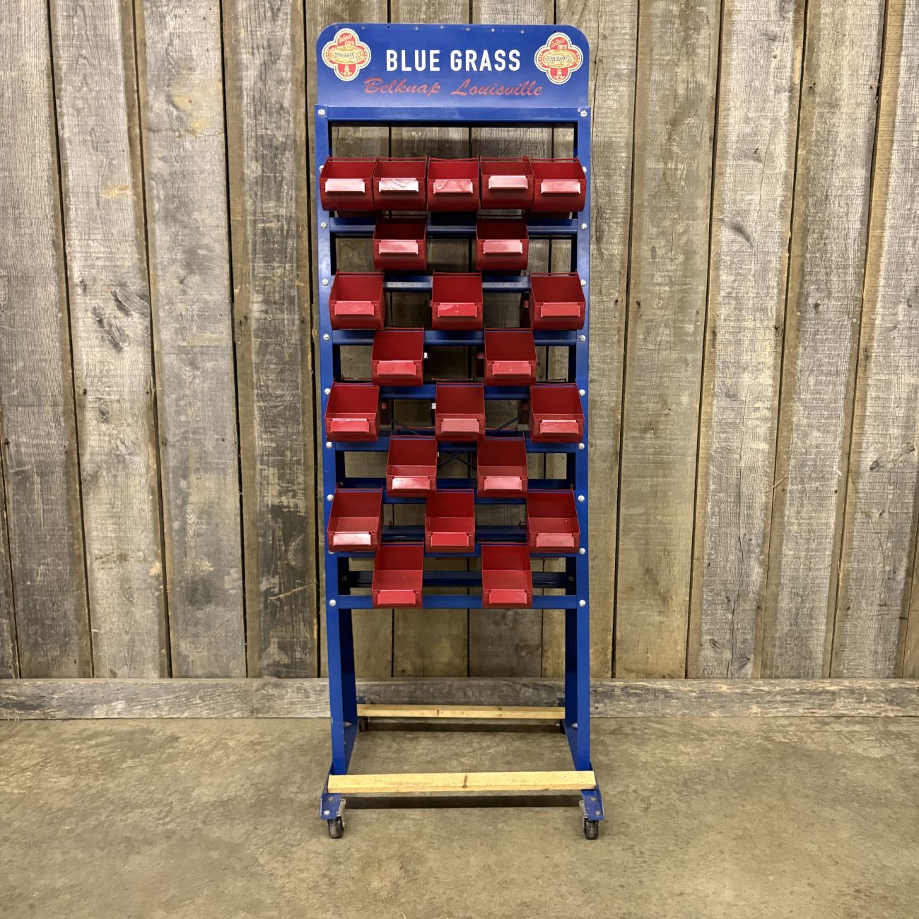 Belknap Blue Grass Vintage Double Sided Rolling Metal Hardware Store Display Rack