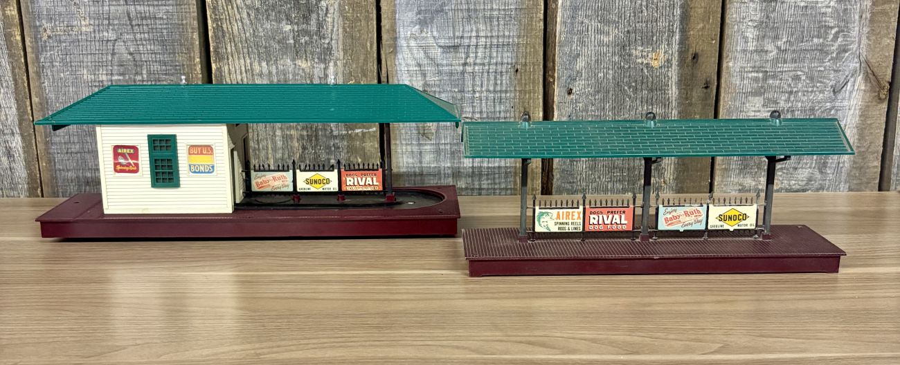 Three Lionel O-Gauge Model Train Station Accessories Including No. 256 Freight Station and No. 156 Station Platforms