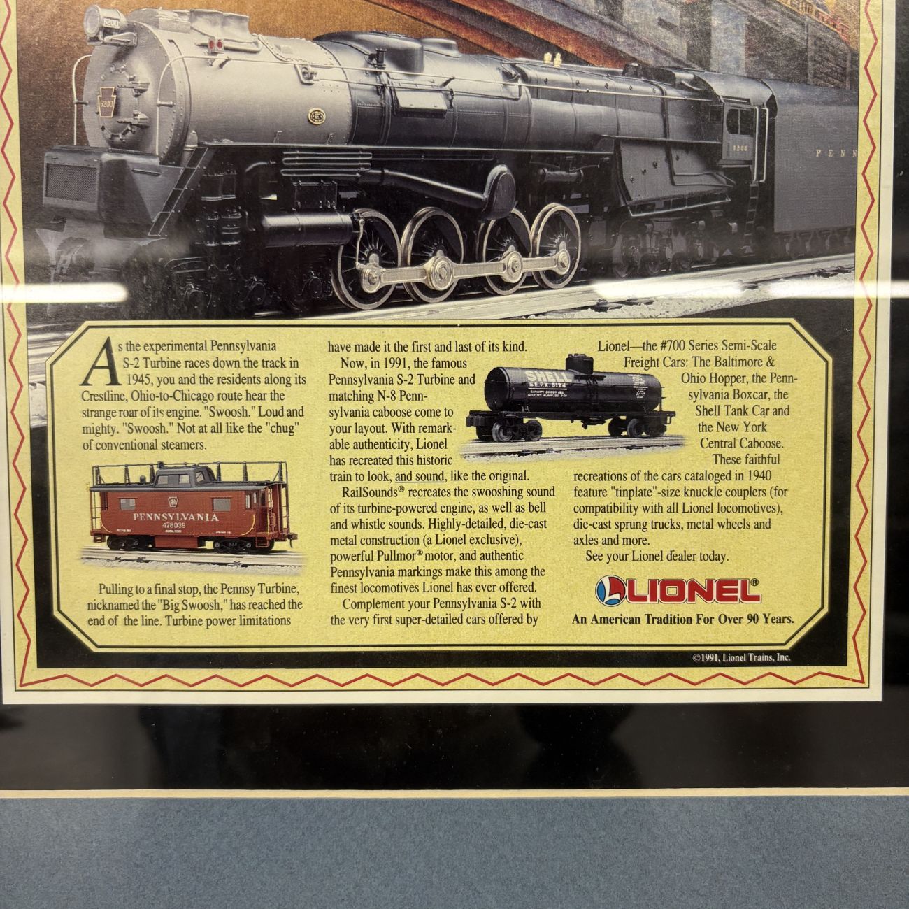 Lionel Trains Pennsylvania S-2 Turbine Framed Advertisement, 1991