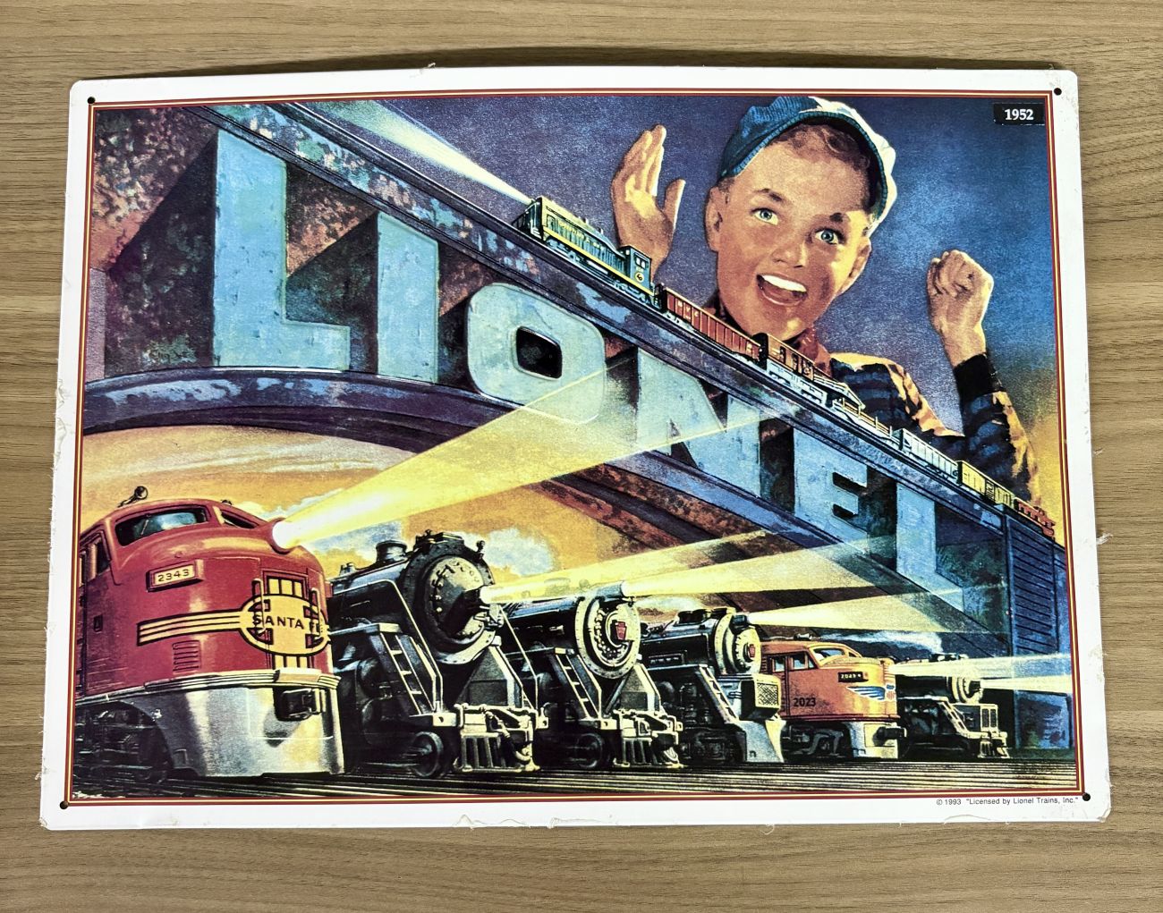 1993 Licensed Lionel Trains Commemorative Metal Advertising Sign featuring 1952 Artwork