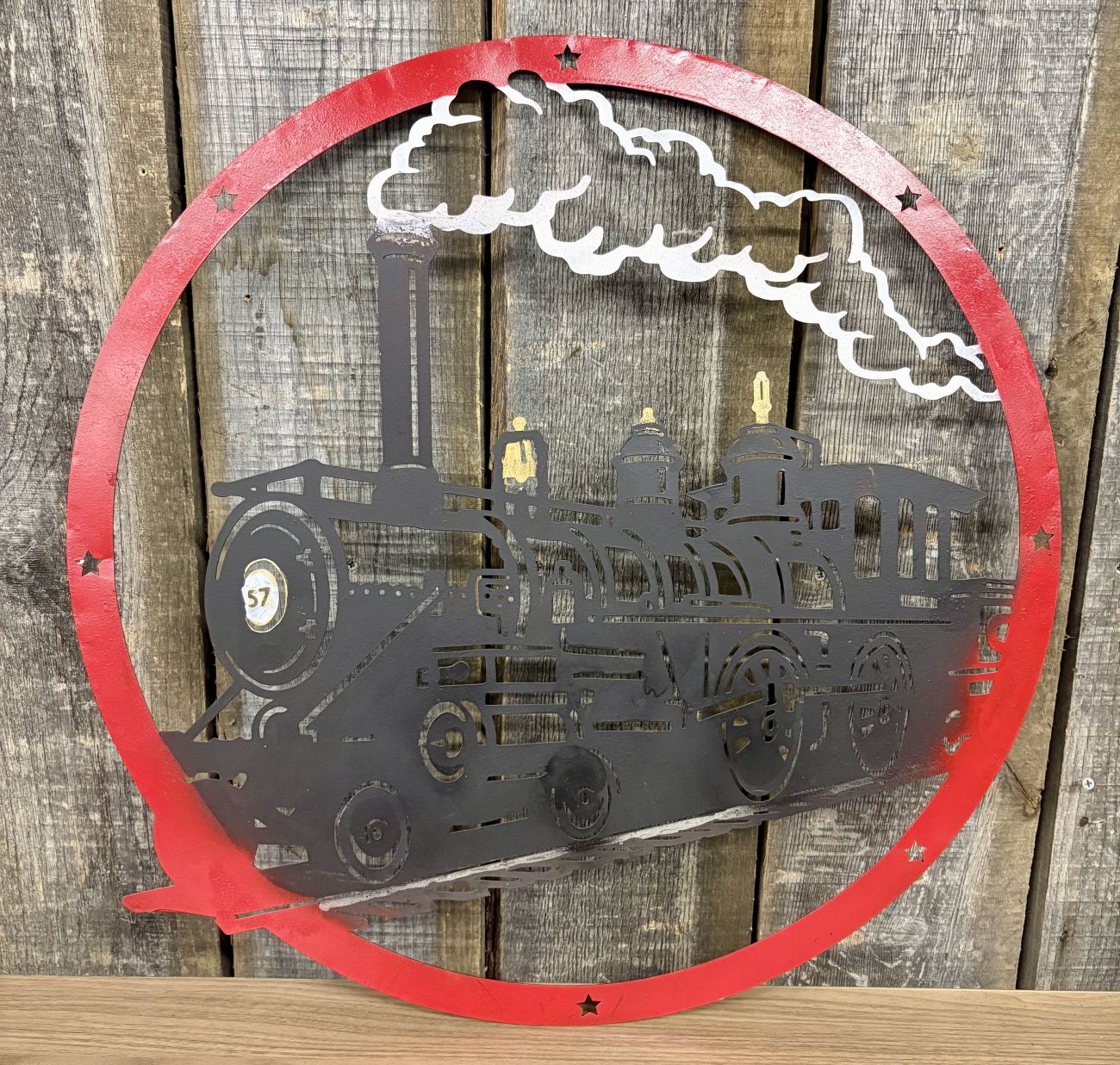 Large Painted Cut-Metal Circular Wall Hanging Featuring a Steam Locomotive