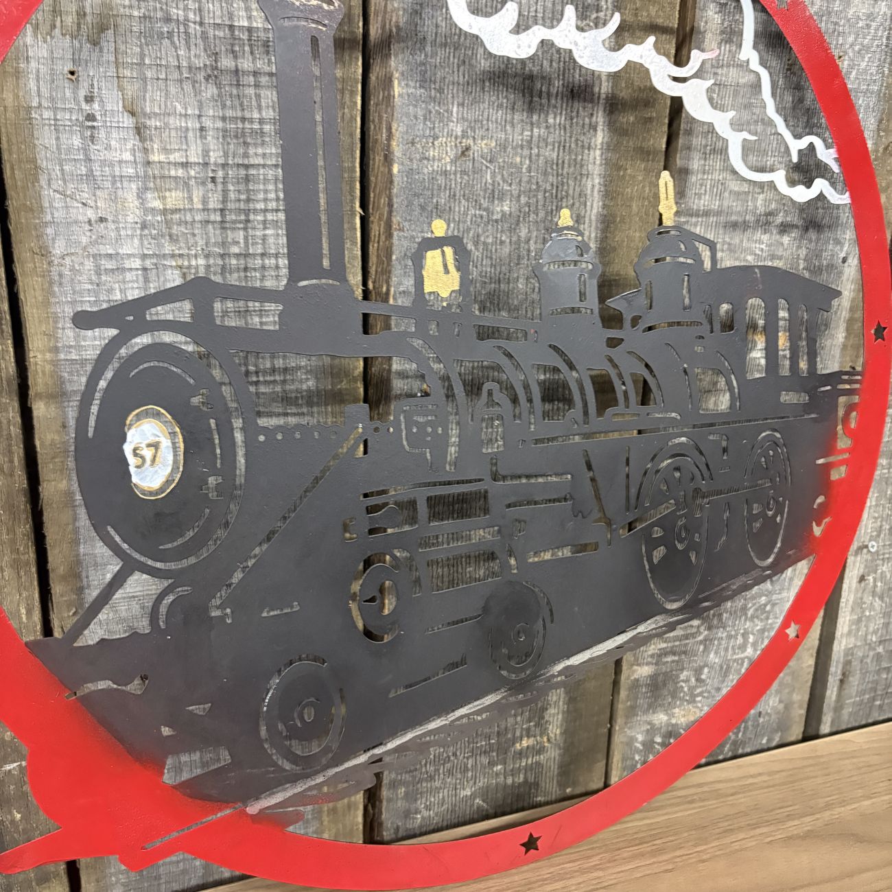 Large Painted Cut-Metal Circular Wall Hanging Featuring a Steam Locomotive