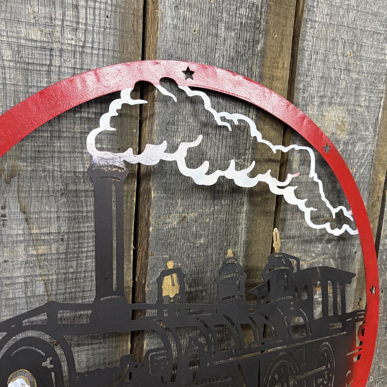 Large Painted Cut-Metal Circular Wall Hanging Featuring a Steam Locomotive