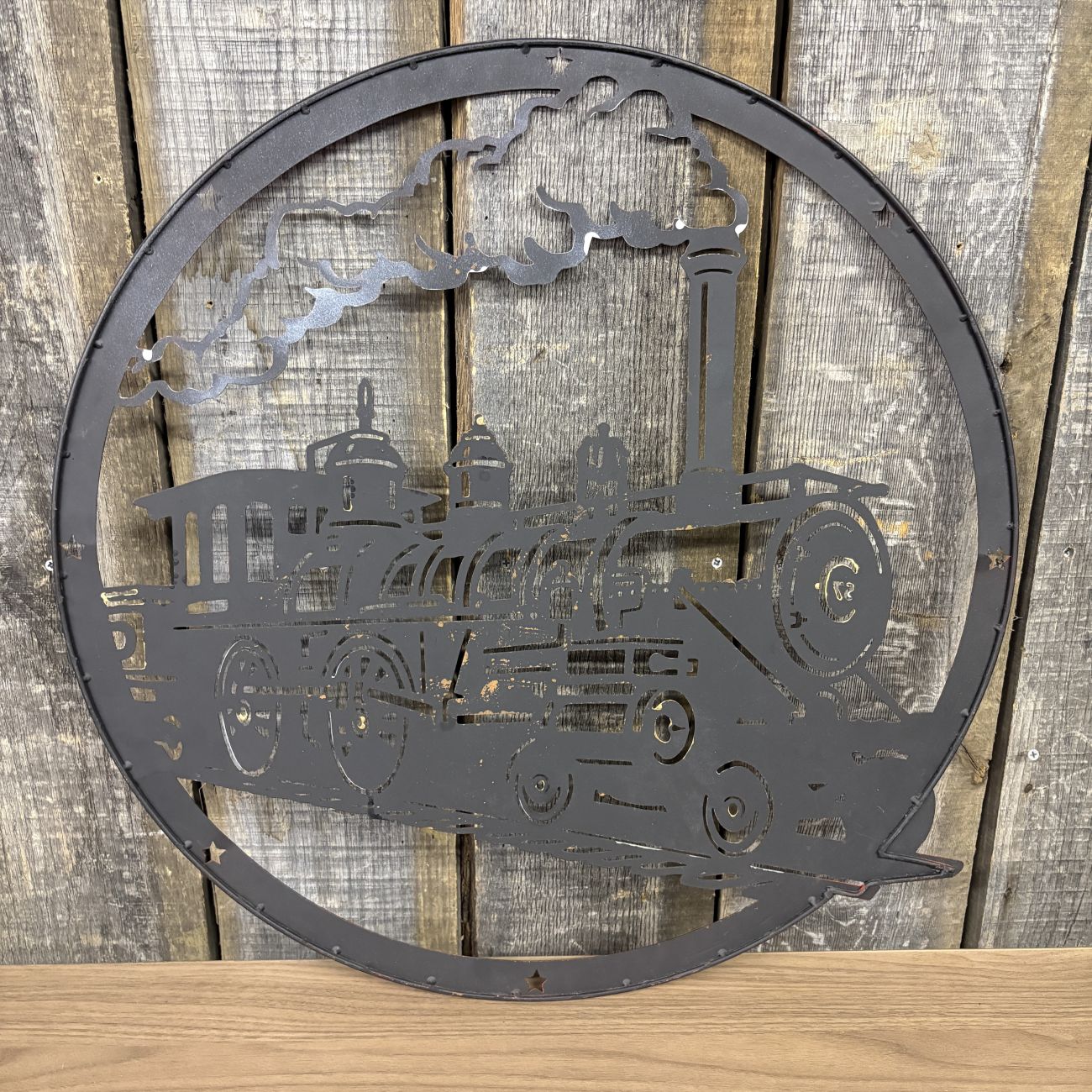 Large Painted Cut-Metal Circular Wall Hanging Featuring a Steam Locomotive