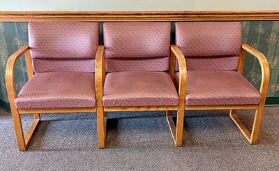 Three-Seat Oak Frame Reception Bench with Mauve Fan Pattern Upholstery. FOR PICK UP ONLY (Monday 