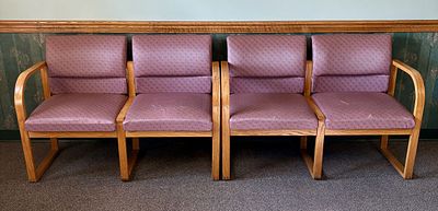 A Pair of Two-Seat Modular Oak Reception Benches with Sled Bases. FOR PICK UP ONLY (Monday 
