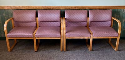 A Pair of Two-Seat Modular Oak Reception Benches with Sled Bases. FOR PICK UP ONLY (Monday 