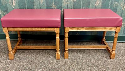 A Pair of Oak Benches with Burgundy Vinyl Seats. A pair of rectangular oak benches featuring a 
