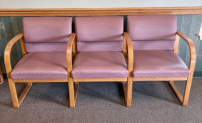 Three Seat Oak Bentwood Commercial Waiting Room Bench with Mauve Patterned Fabric. FOR PICK UP 