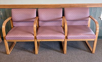Three Seat Oak Bentwood Commercial Waiting Room Bench with Mauve Patterned Fabric. FOR PICK UP 