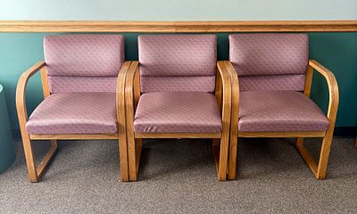 A Trio of Modern Solid Oak Sled-Base Armchairs. FOR PICK UP ONLY (Monday 9/28/26 and Tuesday 
