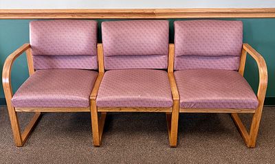 Three-Seat Solid Oak Sled-Base Tandem Bench. FOR PICK UP ONLY (Monday 9/28/26 and Tuesday 