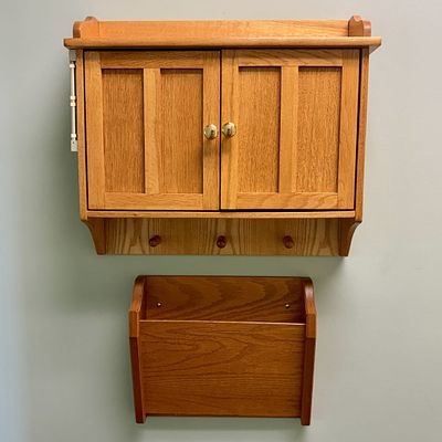 Two-Piece Oak Wood Wall Cabinet and Storage Bin Set. This set consists of two separate 