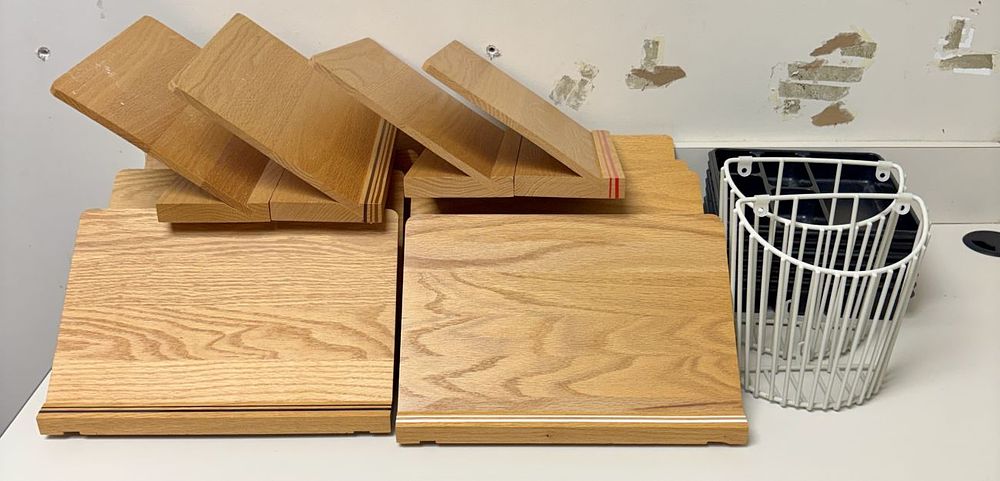 Lot 162: An Assortment of Wooden Document Stands, Plastic Desk Trays, and Wire Wall Baskets