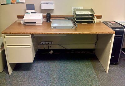 Metal Base Office Desk With Wood-Grain Top. FOR PICK UP ONLY (Monday 9/28/26 and Tuesday 9/29/26 