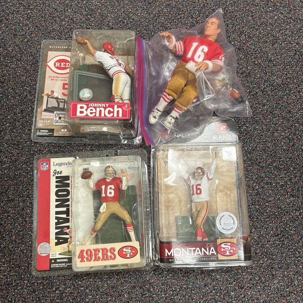 Lot 425: A Collection of McFarlane Toys Sports Action Figures Including Joe Montana and Johnny Bench