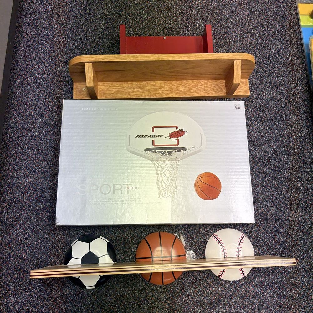 Lot 431: A Group of Wall Shelves and a Fire Away Sports Basketball Micro Jammer