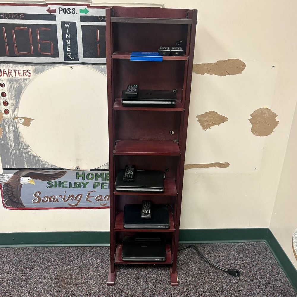 Lot 436: A Wooden Six-Tier Media Shelf and a Collection of Sony Portable DVD Players